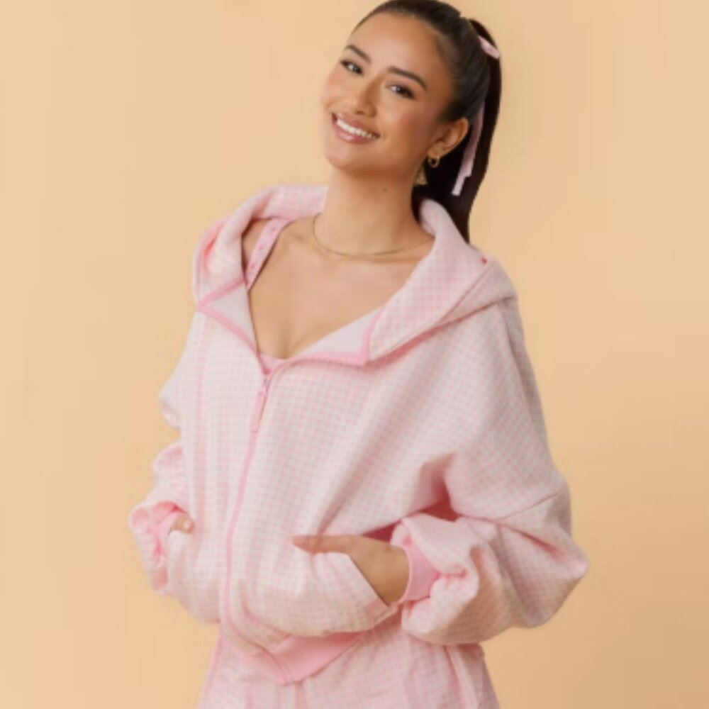 Blogilates Marshmallow Full Zip Hooded Sweatshirt Pink Gingham Medium